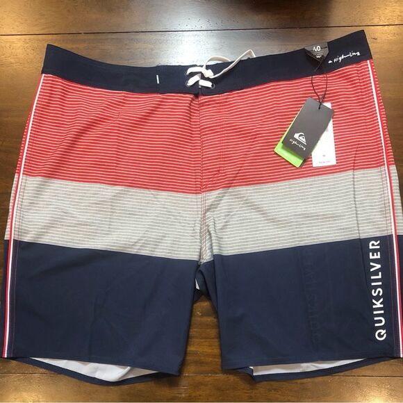QUICKSILVER Swim Trunks Board Shorts Navy Grey Red Color Block Pattern Sz 40 NWT - Picture 6 of 6